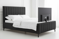 Charcoal chenille TV bed 45-degree side angle showing full bed length and TV raised