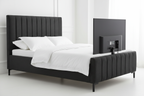 Charcoal chenille TV bed 45-degree side angle showing full bed length and TV raised