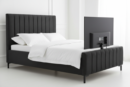 Charcoal chenille TV bed 45-degree side angle showing full bed length and TV raised