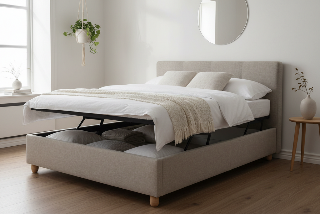 Novera Linen Ottoman Bed in oatmeal linen upholstery, minimal Scandinavian bedroom