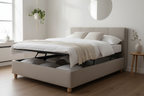 Novera Linen Ottoman Bed in oatmeal linen upholstery, minimal Scandinavian bedroom