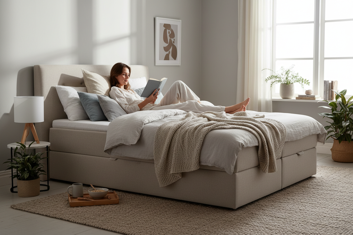 Linen ottoman bed lifestyle shot, person reading in bed, cosy morning light