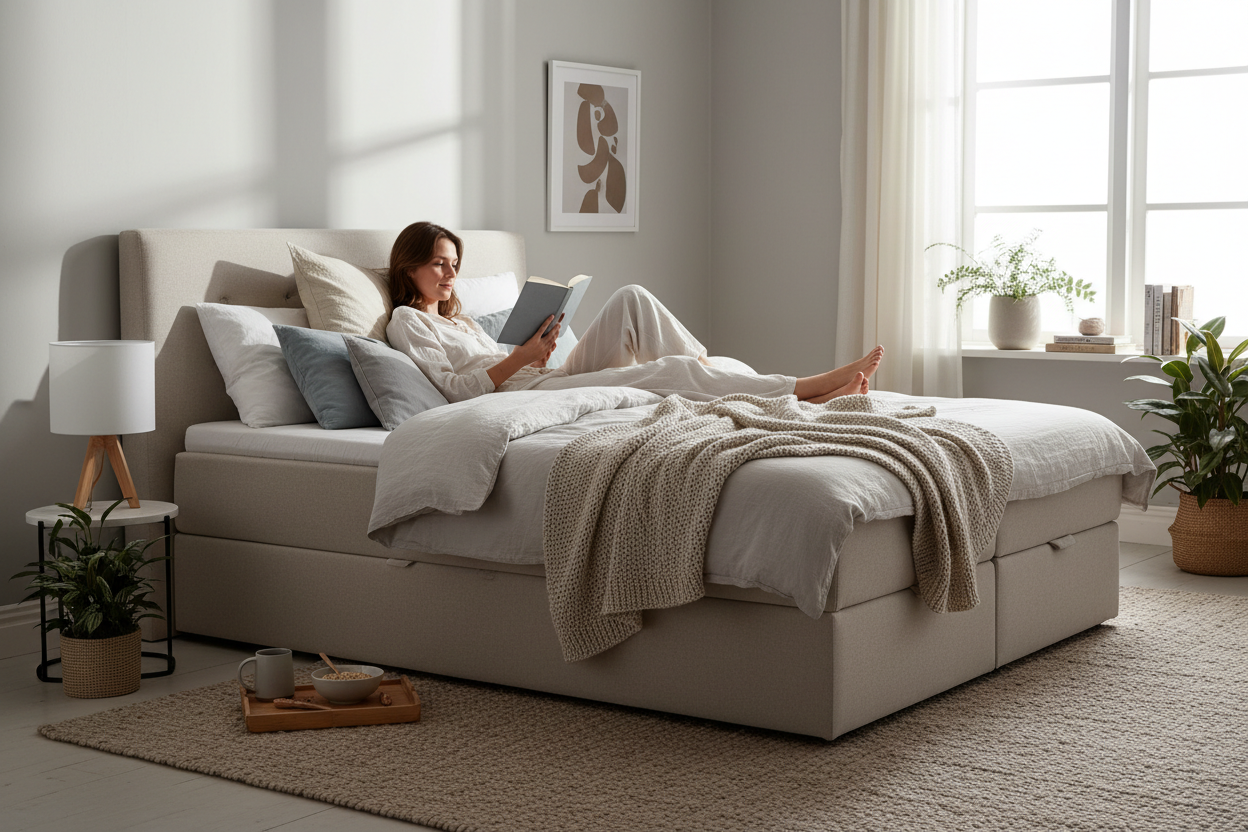 Linen ottoman bed lifestyle shot, person reading in bed, cosy morning light