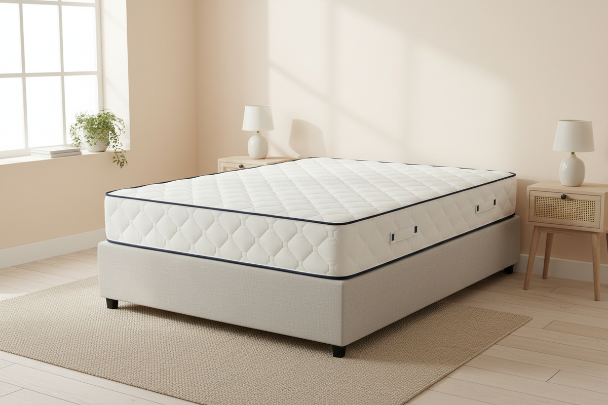 Novera Firm Support Orthopaedic Mattress styled on a simple bed base in a bright bedroom