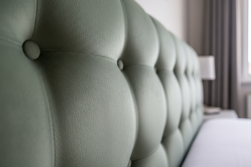 Close-up of sage green velvet fabric on ottoman bed headboard