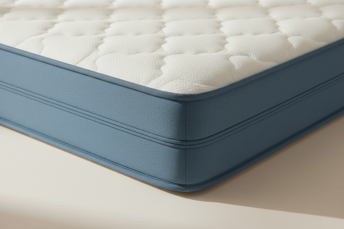 Close-up of the quilted cover and slate-blue edge on the Novera Comfort Hybrid Mattress