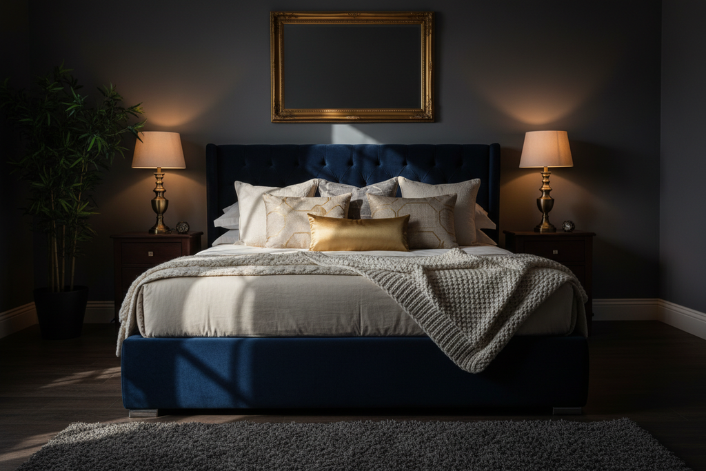 Navy velvet divan bed lifestyle, styled with gold and ivory cushions, dark bedroom