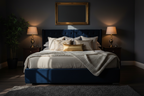 Navy velvet divan bed lifestyle, styled with gold and ivory cushions, dark bedroom