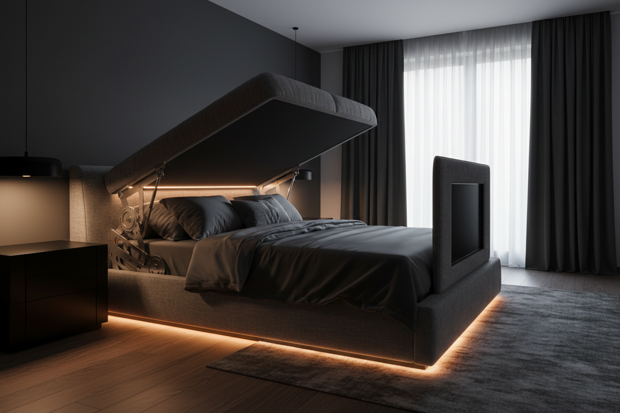 Grey TV bed side angle showing motorised headboard mechanism and LED strip