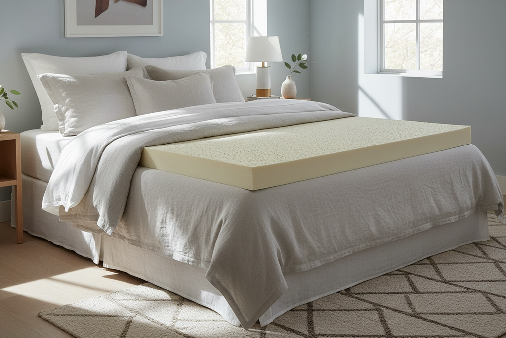 Natural latex topper on a neatly made bed in a Scandinavian bedroom
