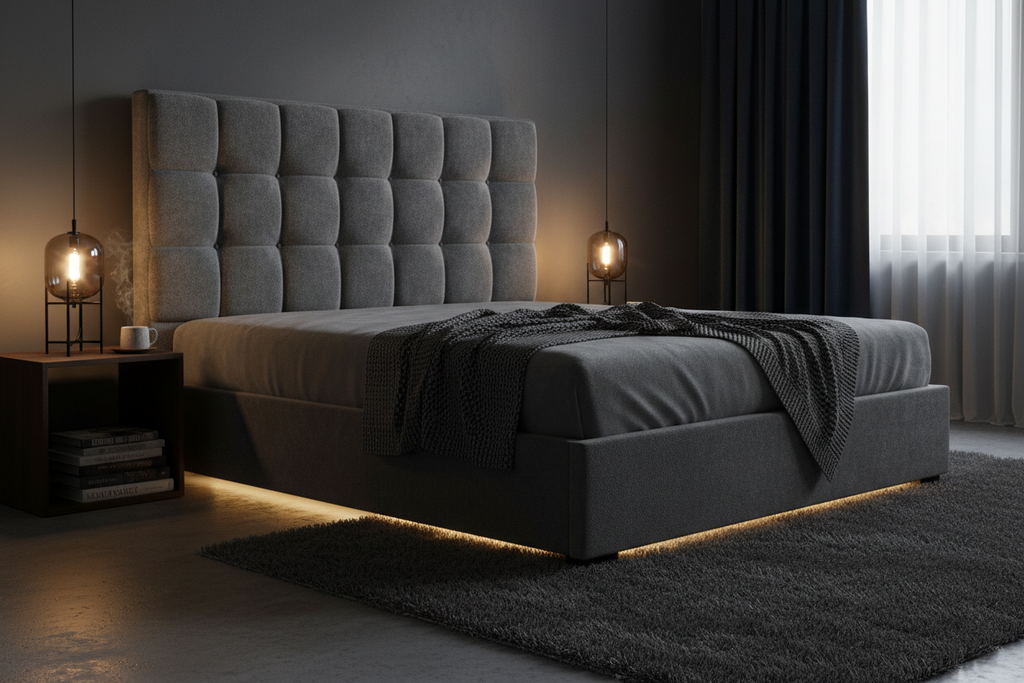 Boucle ottoman bed side angle showing deep buttoned headboard detail
