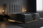 Boucle ottoman bed side angle showing deep buttoned headboard detail