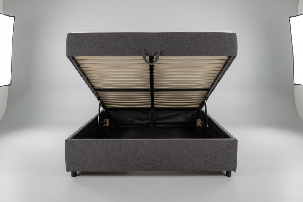 Boucle ottoman bed gas-lift base open showing large under-bed storage