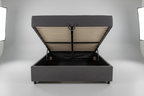 Boucle ottoman bed gas-lift base open showing large under-bed storage