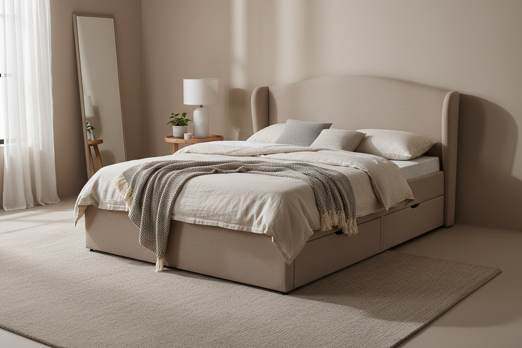 Novera Mink Curved Divan Bed with curved headboard and drawer storage, neutral bedroom